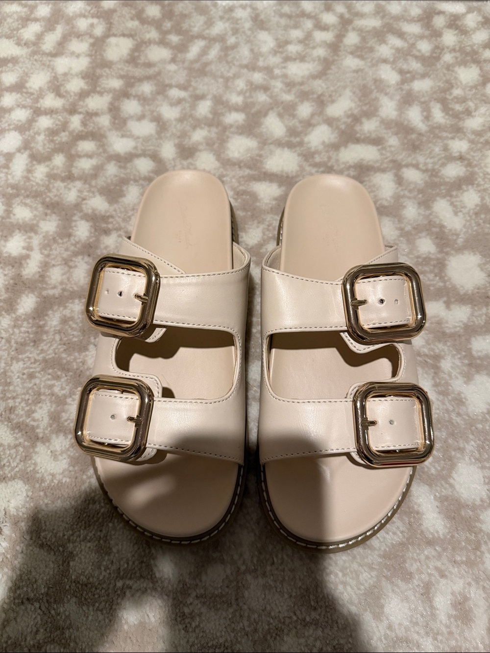 Universal Thread Cream Double-Buckle Slide Sandals with Gold Buckles